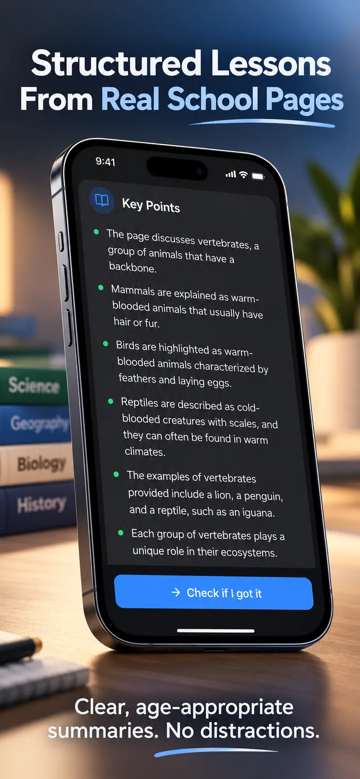 Zerano presents clear key points from a scanned textbook lesson on a phone