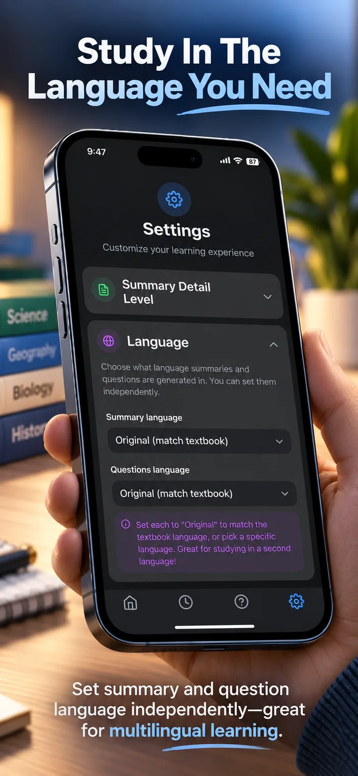 Zerano settings let learners choose summary and question languages independently