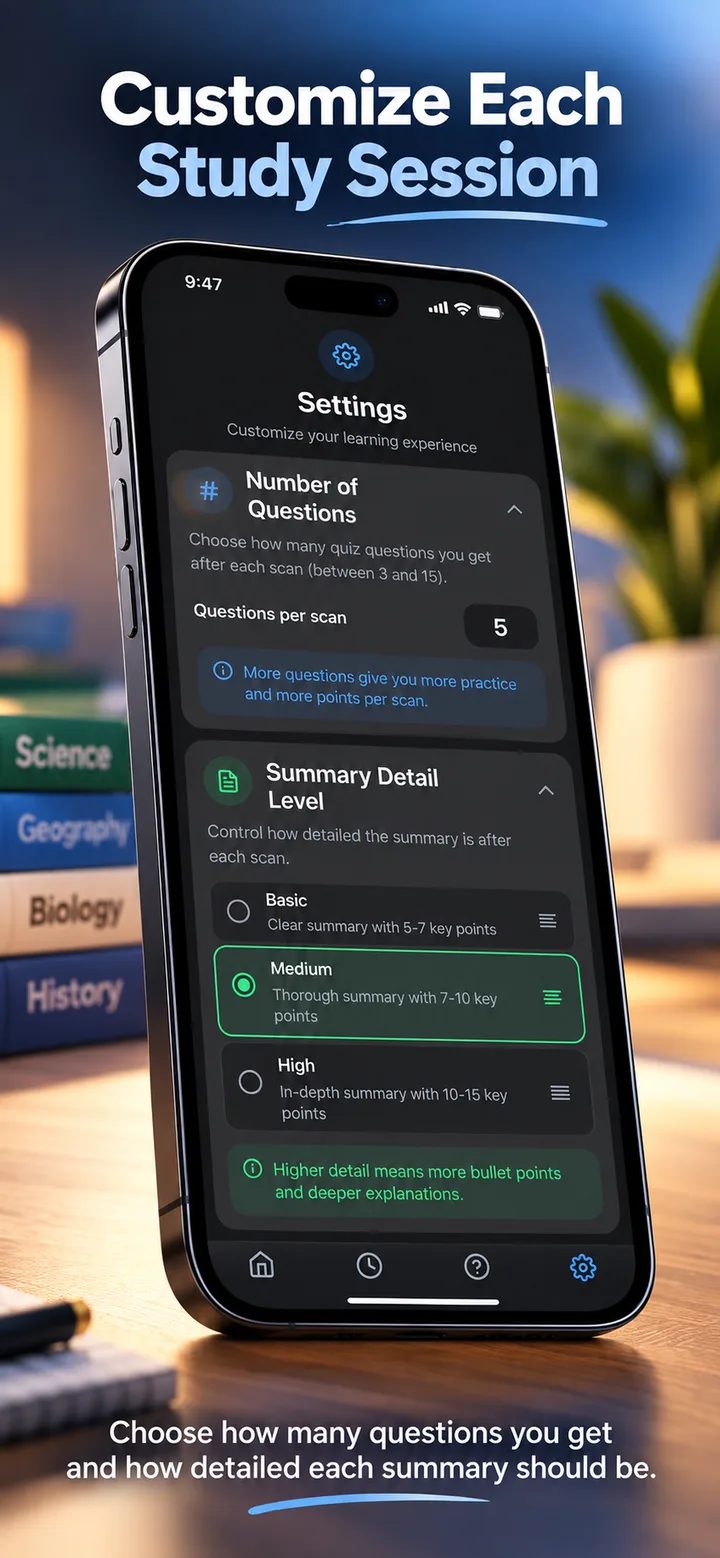 Zerano settings show controls for quiz question count and summary detail